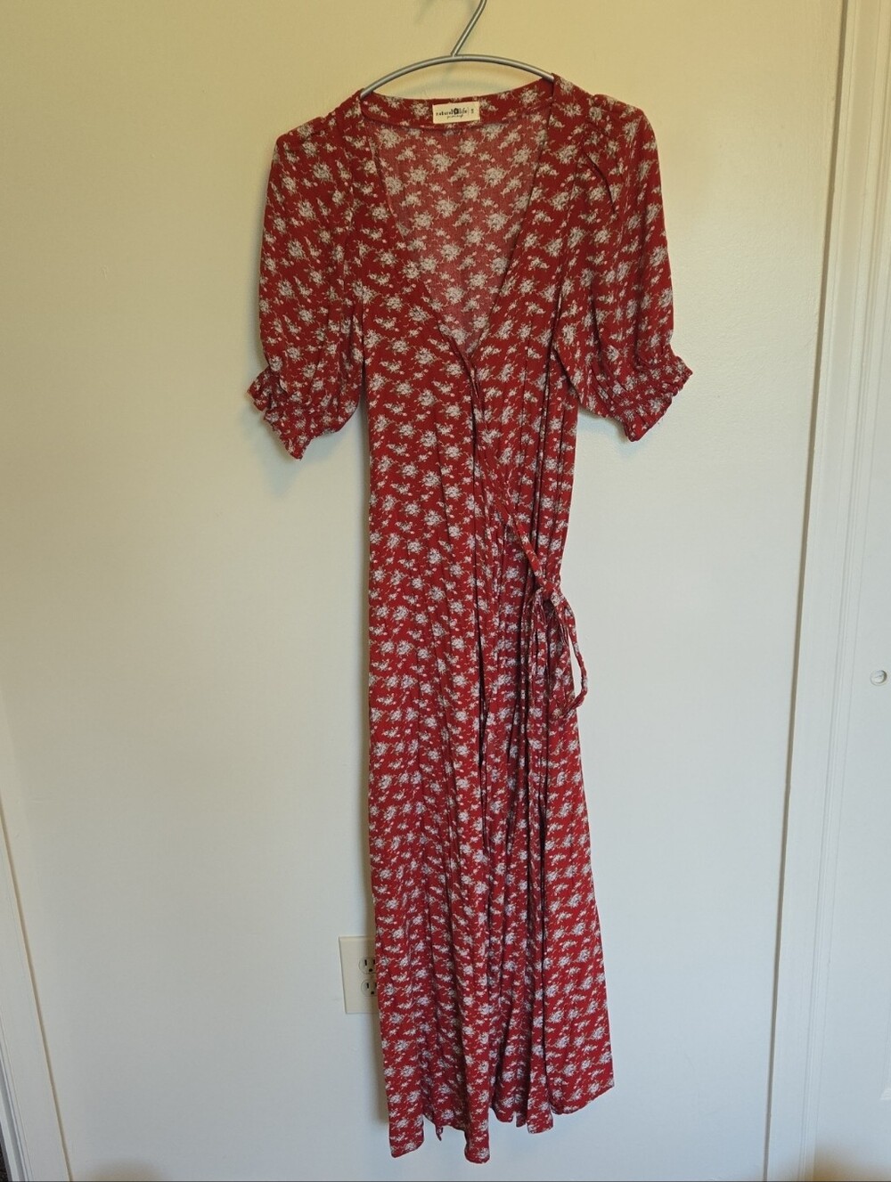 Natural Life Sophia Wrap Dress Red Ditzy Floral Short Puff Sleeves S Maxi Dress